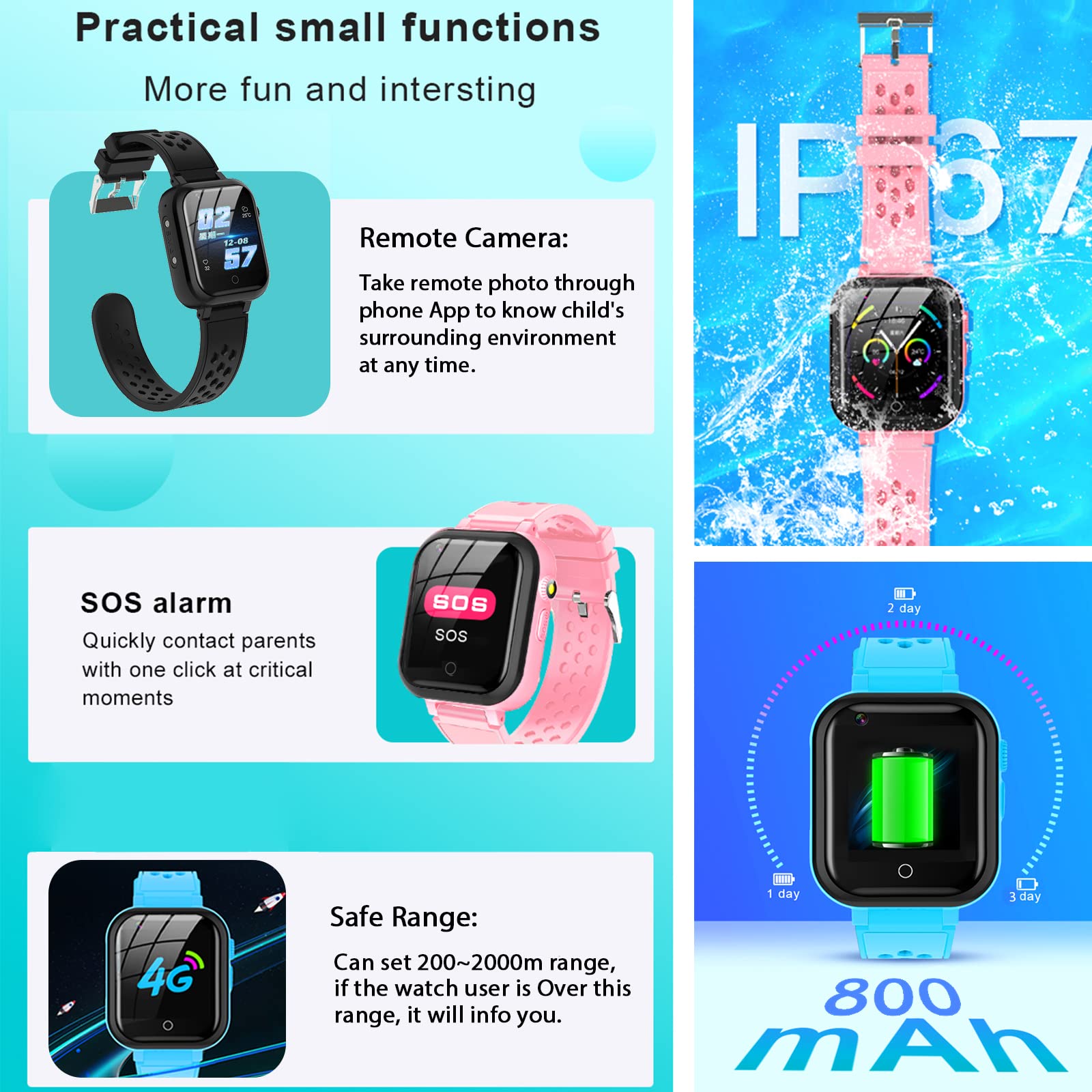 DDIOYIUR Smart Watch for Kids, 4G Kids Phone Smartwatch with GPS Tracker, WiFi SMS, Call, Voice Video Chat, Bluetooth, Audio Recording, Alarm, Pedometer, Wrist Watch for 4-16 Boys Girls Birthday Gifts
