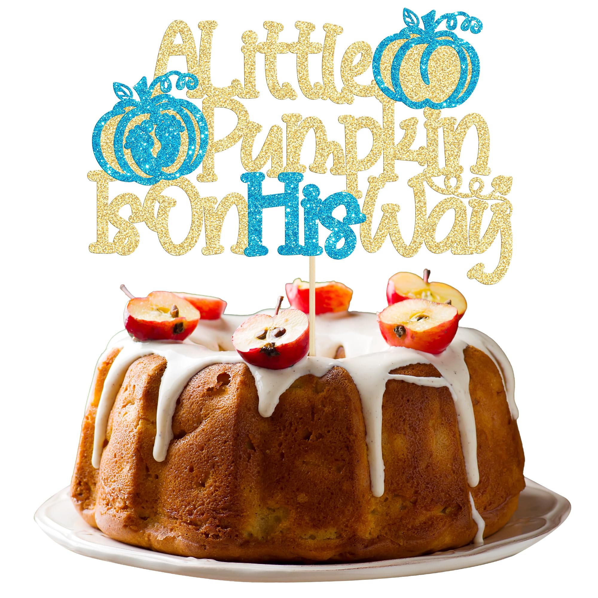Photo 1 of Gyufise 1Pc A Little Pumpkin is on His Way Cake Topper Glitter Fall Pumpkin Cake Pick Decorations for Fall Theme Baby Shower Boys Birthday Thanksgiving Party Supplies Blue