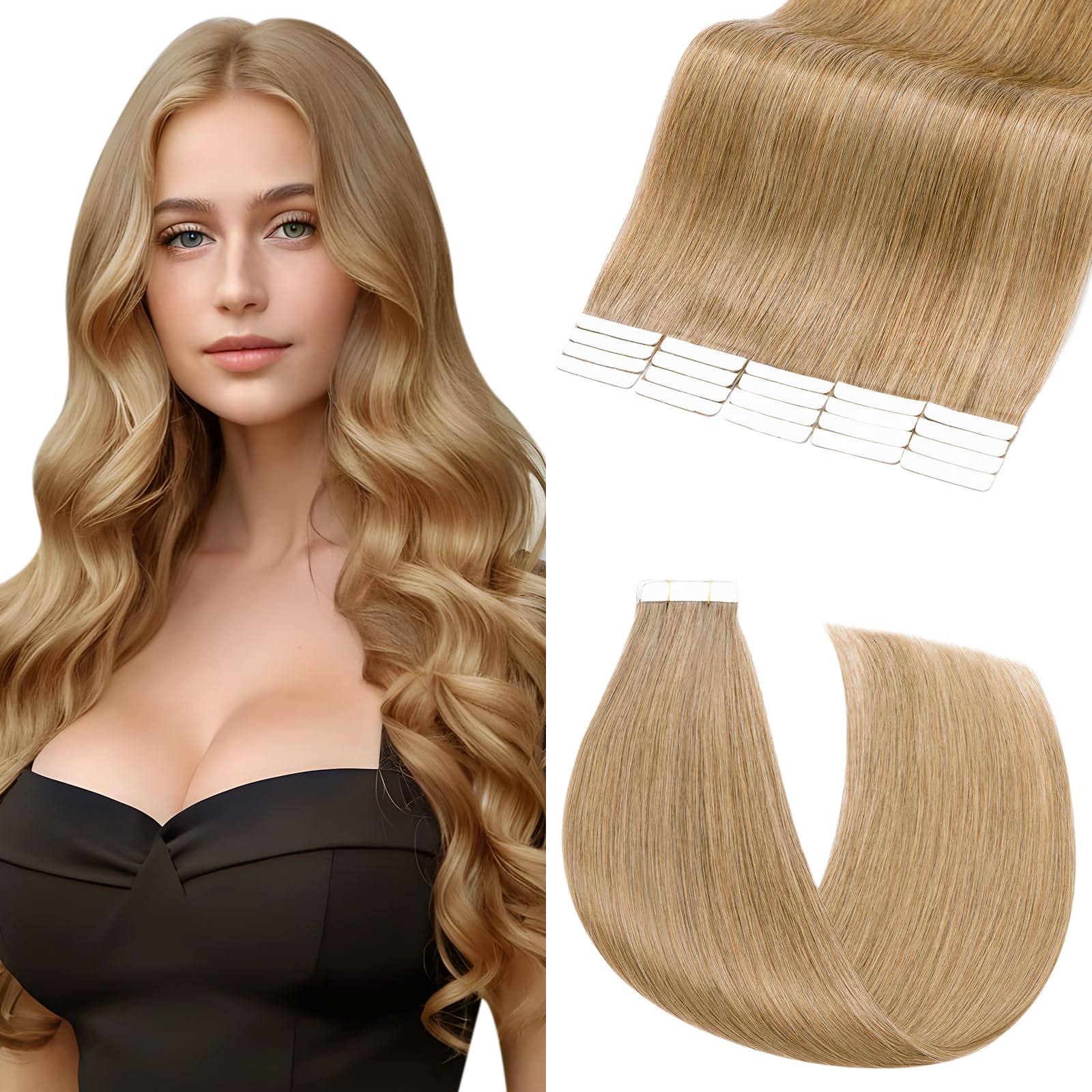 Elailite Tape in Hair Extensions Human Hair 20 Pcs - Seamless Skin Weft Real Remy Hair Extension Straight (#27 Dark Blonde, 18 Inch-50g) — image 1