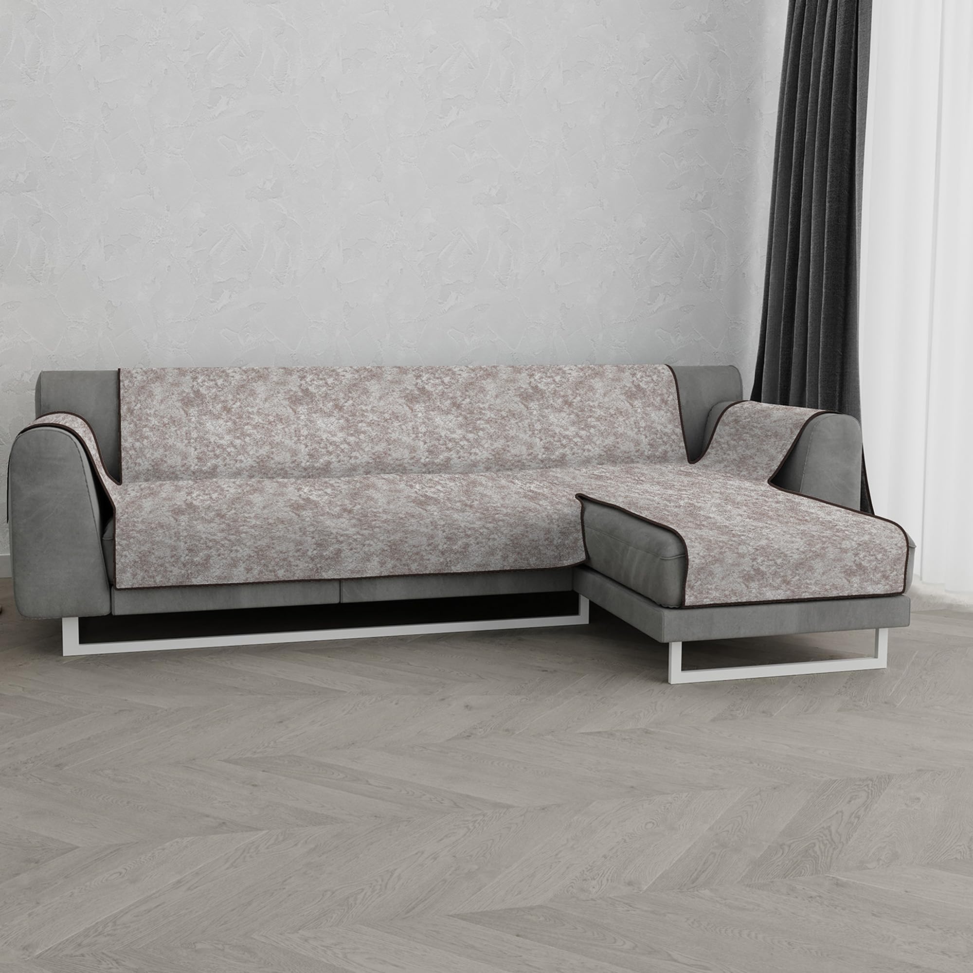 Italian Bed Linen “ Glamour” Anti-Slip Sofa Cover with Chaise-Longue Right, Brown, 190cm