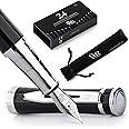 Wordsworth & Black Fountain Pen Set, Medium Nib, Includes 24 Pack Ink Cartridges, Ink Refill Converter & Gift Pouch, Chrome Finish, Calligraphy, [Black Chrome], Perfect for Men & Women