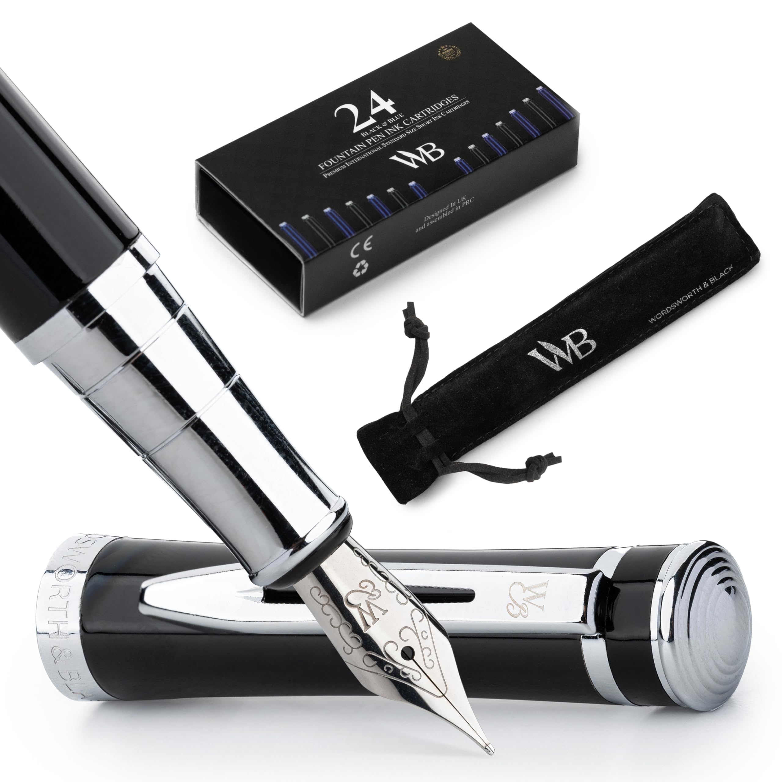 Wordsworth & Black Fountain Pen Set, Medium Nib, Includes 24 Pack Ink Cartridges, Ink Refill Converter & Gift Pouch, Chrome Finish, Calligraphy, [Black Chrome], Perfect for Men & Women — image 1