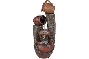 LUXENHÖME LuxenHome Outdoor Water Fountain, 32 Inch Farmhouse Water Fountain Outdoor with Lights, Cascading Pitchers Po Indoor and Outdoor Fountains and Waterfalls, Garden Water Feature Decor