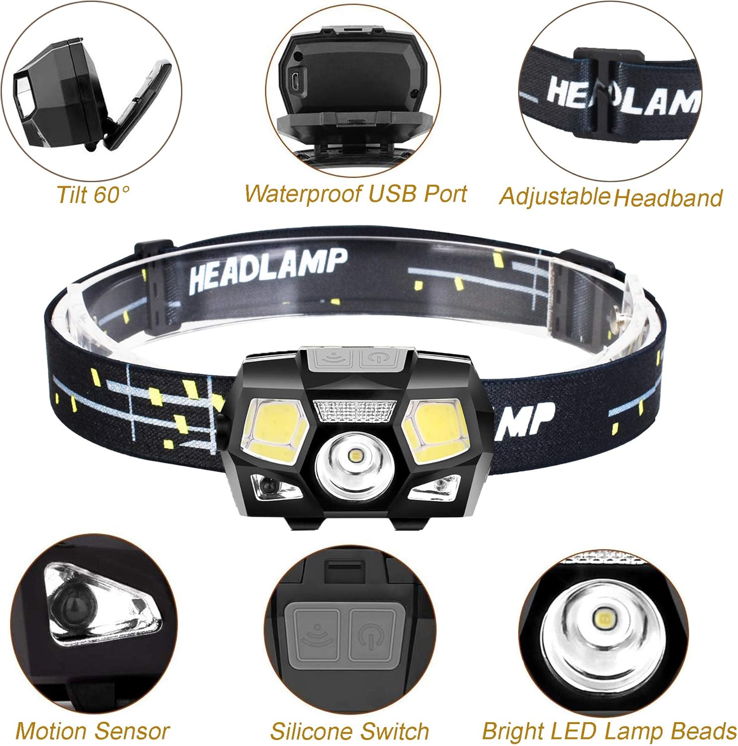 2Packs LED Headlamp Rechargeable USB Flashlights, 800 Lumens Head Lamp Headlight Headlamps with Red Light and Motion Sensor for Adults Kids, Waterproof, 5 Lighting Modes, for Running Hiking Camping - - 