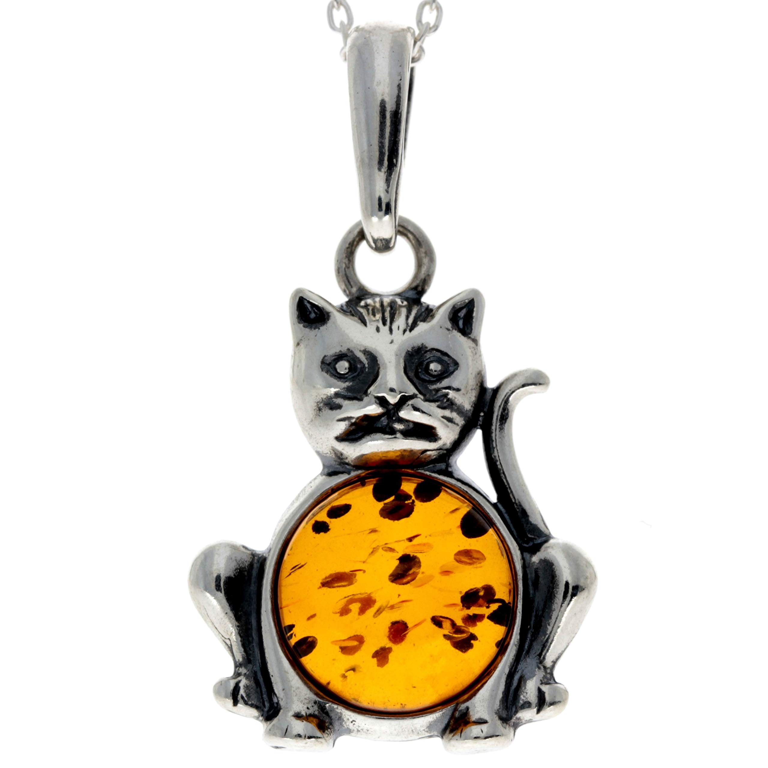Genuine Baltic Cognac Amber & Sterling Silver Cat Pendant without Chain - 1677