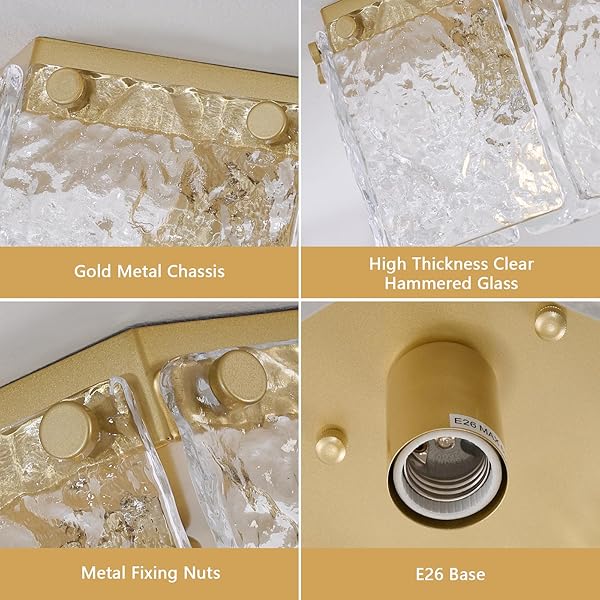MWZ 1 PACK MODERN GOLD SEMI FLUSH MOUNT CEILING LIGHT FIXTURE WITH HAMMERED GLASS SHADE, 1-LIGHT 10” FARMHOUSE DIMMABLE FLUSH MOUNT LAMP WITH HEXAGONAL METAL CHASSIS FOR KITCHEN ISLAND LAUNDRY