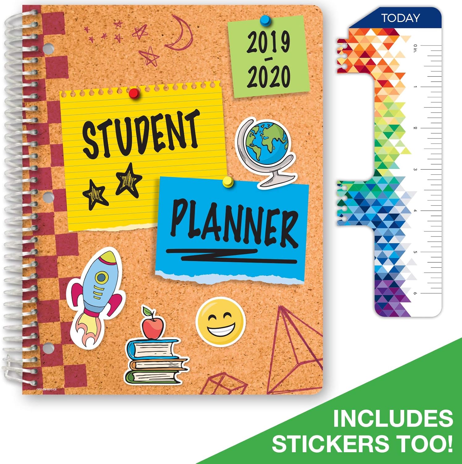 Dated Elementary Student Planner for Academic Year 2019-2020 (Matrix Style - 8.5"x11" - Cork Board Cover) - Bonus Ruler/Bookmark and Planning Stickers