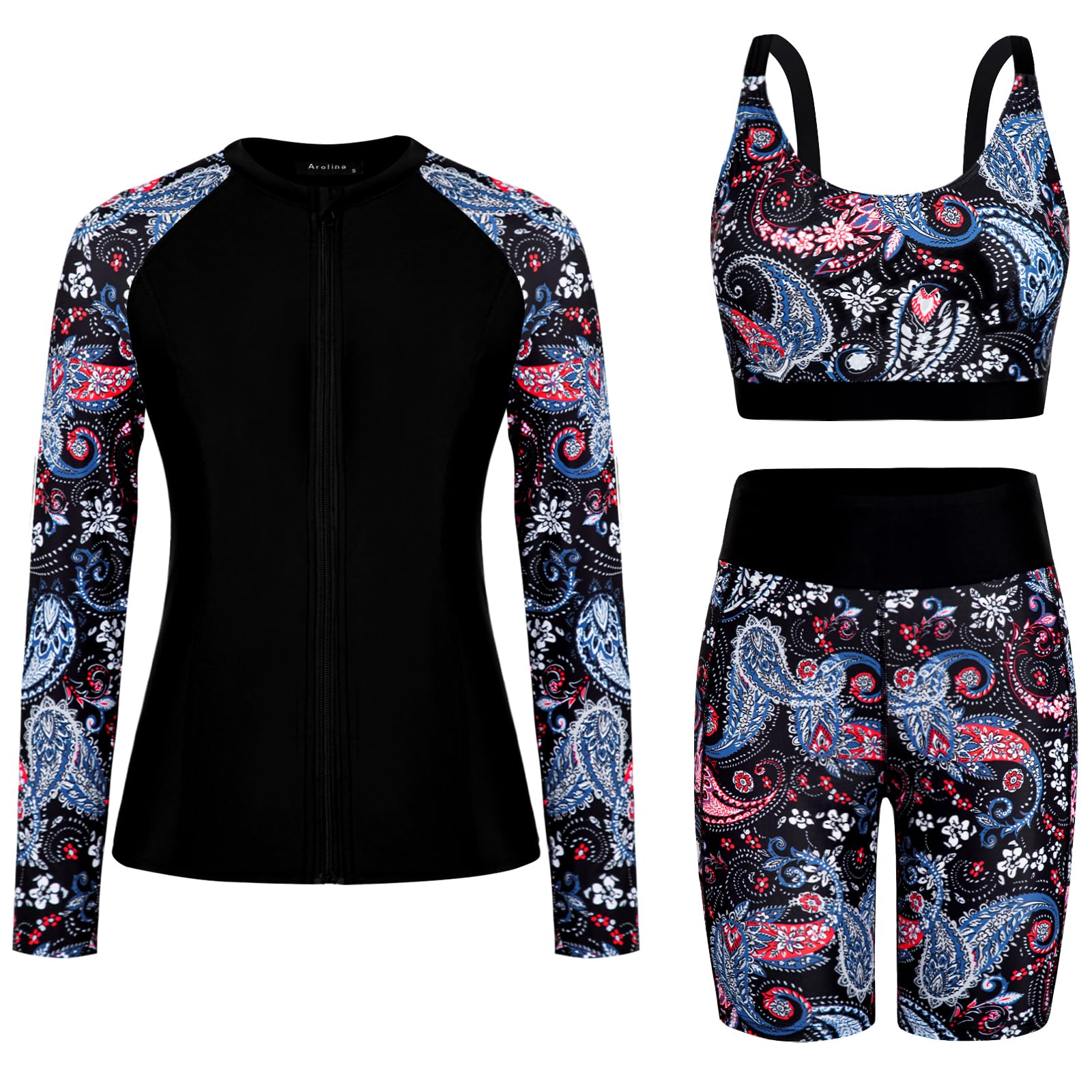 Arolina Plus Size Bathing Suit for Women Rash Guard Modest Swimsuits Over 50 Long Sleeve Swim Shirt Purple Paisley 22W Image