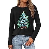 TOTWOW Christmas Shirts for Women Merry Christmas Long Sleeve Tshirt Funny Holiday Loose Casual Graphic Tee Tops