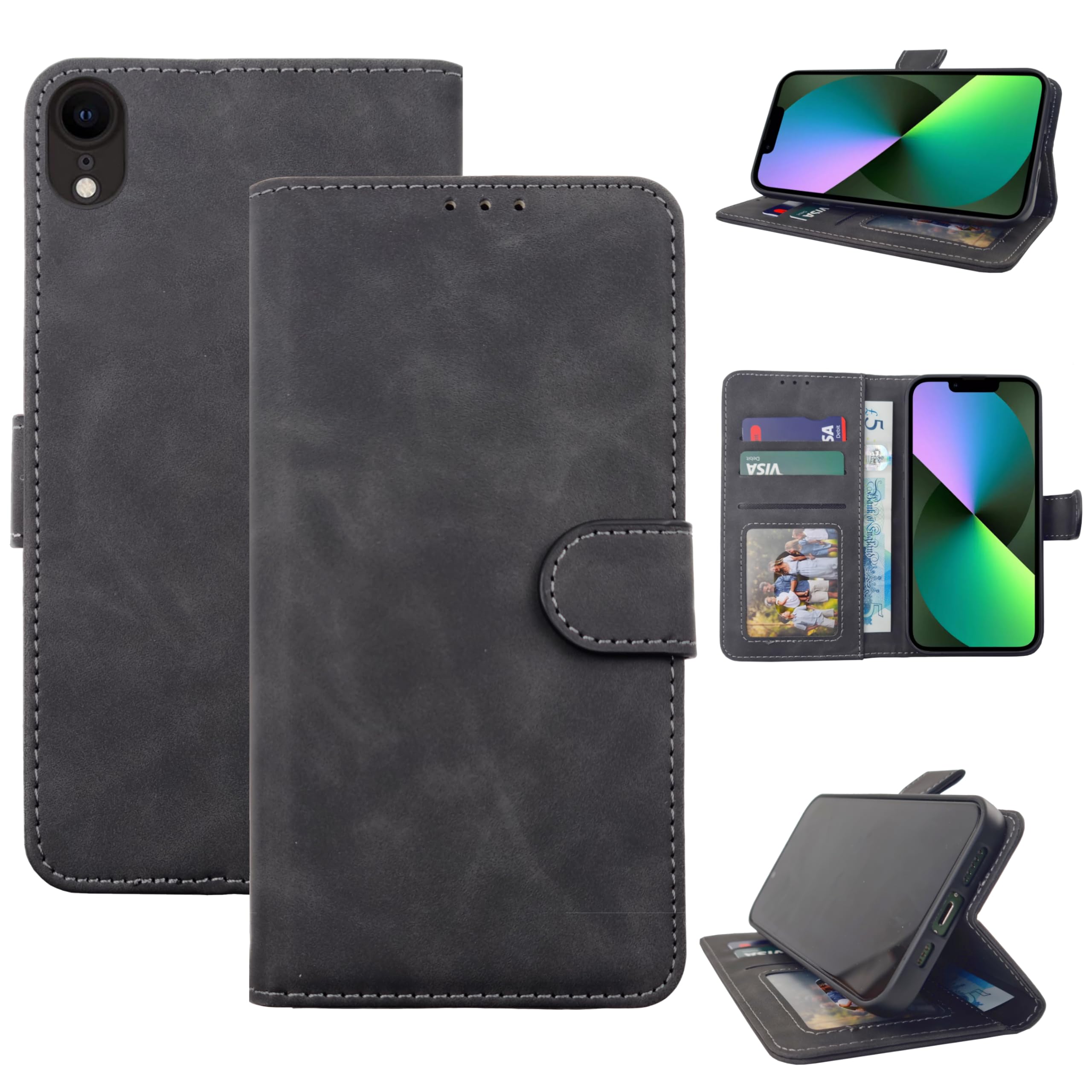 EKAM Case for iPhone XR 6.1-Inch, Premium PU Leather Wallet Case Flip Phone Cover With [RFID Blocking][Card Holder][Shockproof TPU][Stand Function] Book Style Case for iPhone XR (Black)