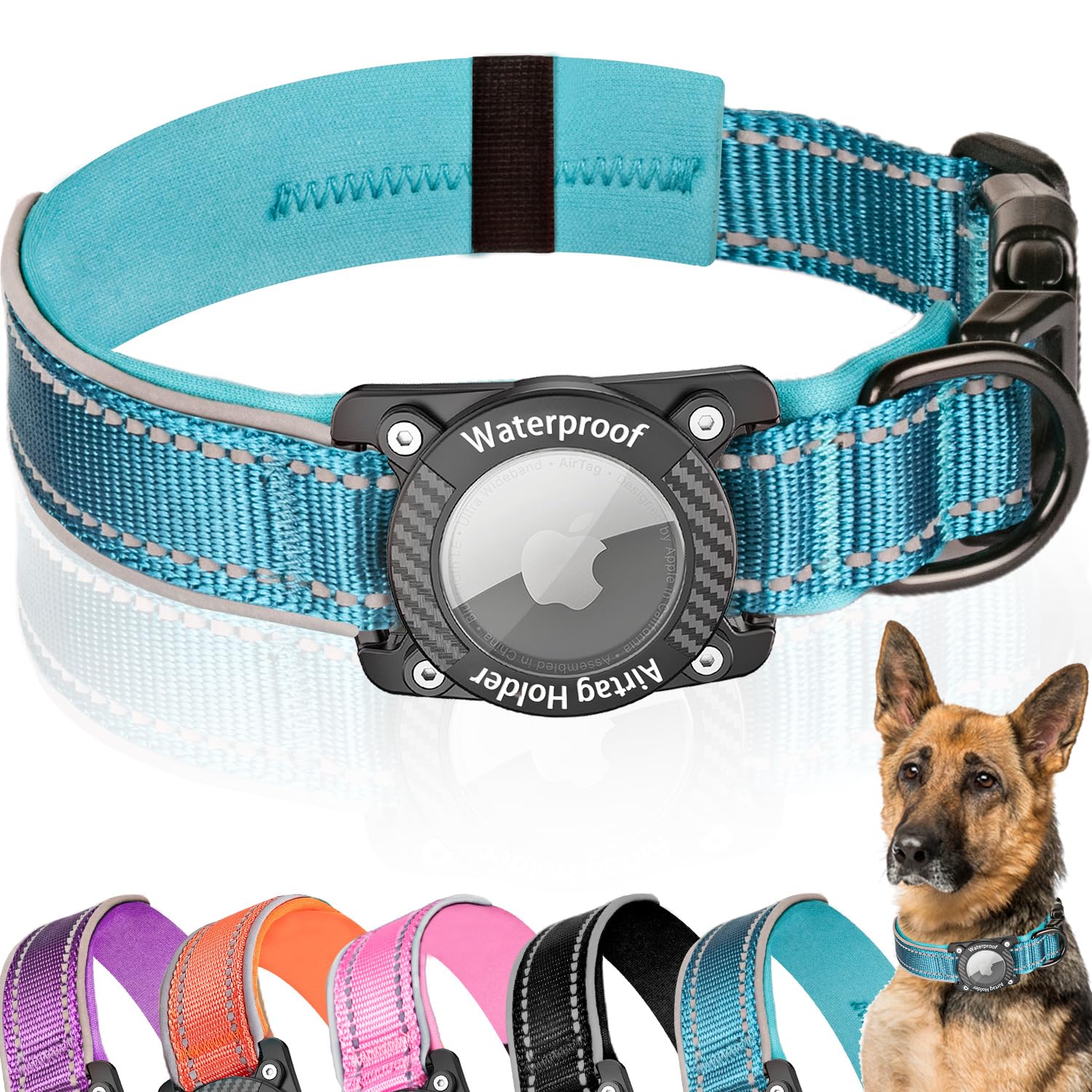 LZXLXS Upgraded AirTag Dog Collar with Waterproof Air tag Holder, Luminous Reflective Adjustable Comfortable Padded GPS Collars for Small Medium Large Dogs, Blue, XL