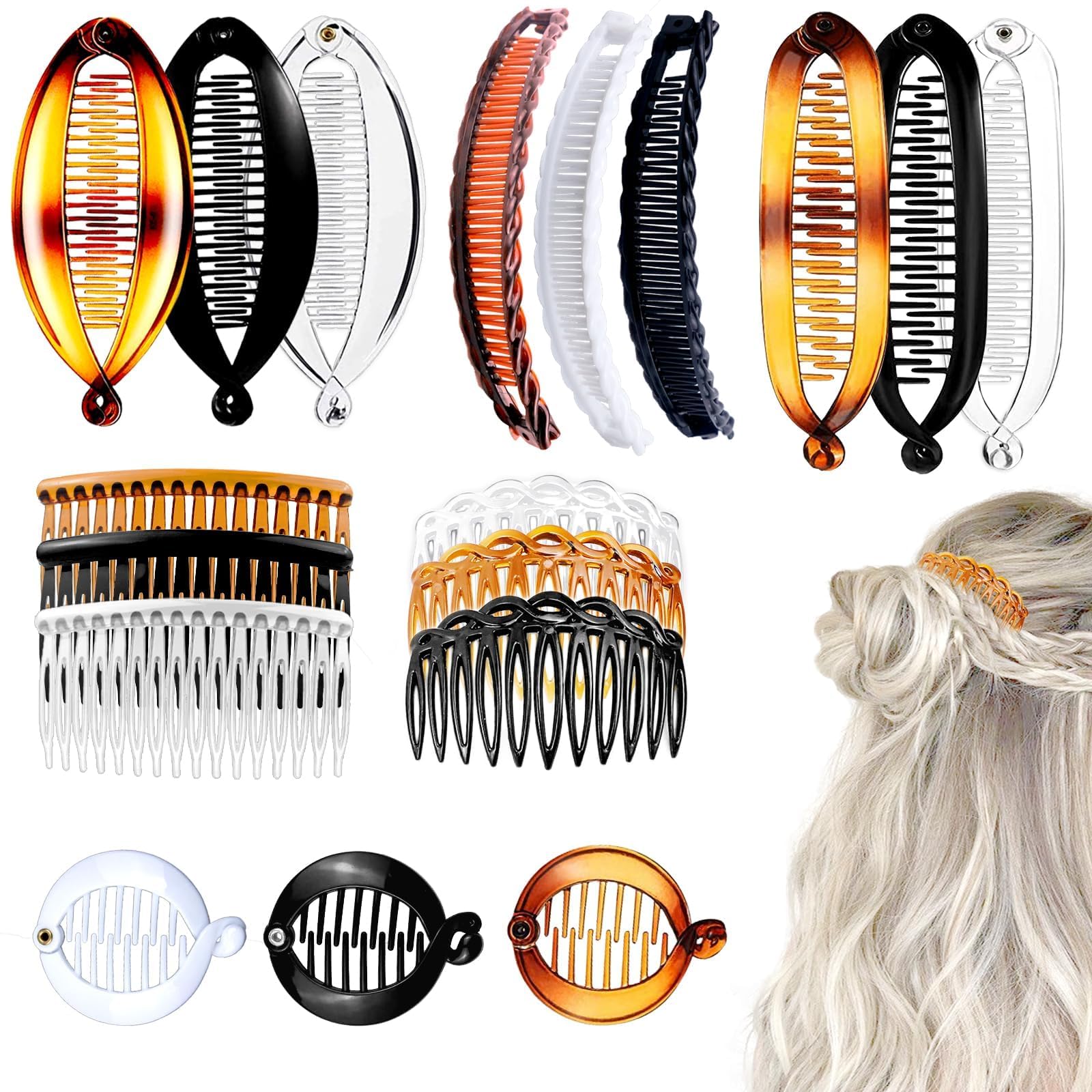 Photo 1 of 18 Pieces Classic Banana Hair Clips Fashionable Hair Comb Clips Fishtail Hair Clip Ponytail Banana Hair Clips for Women Girls, 6 Styles