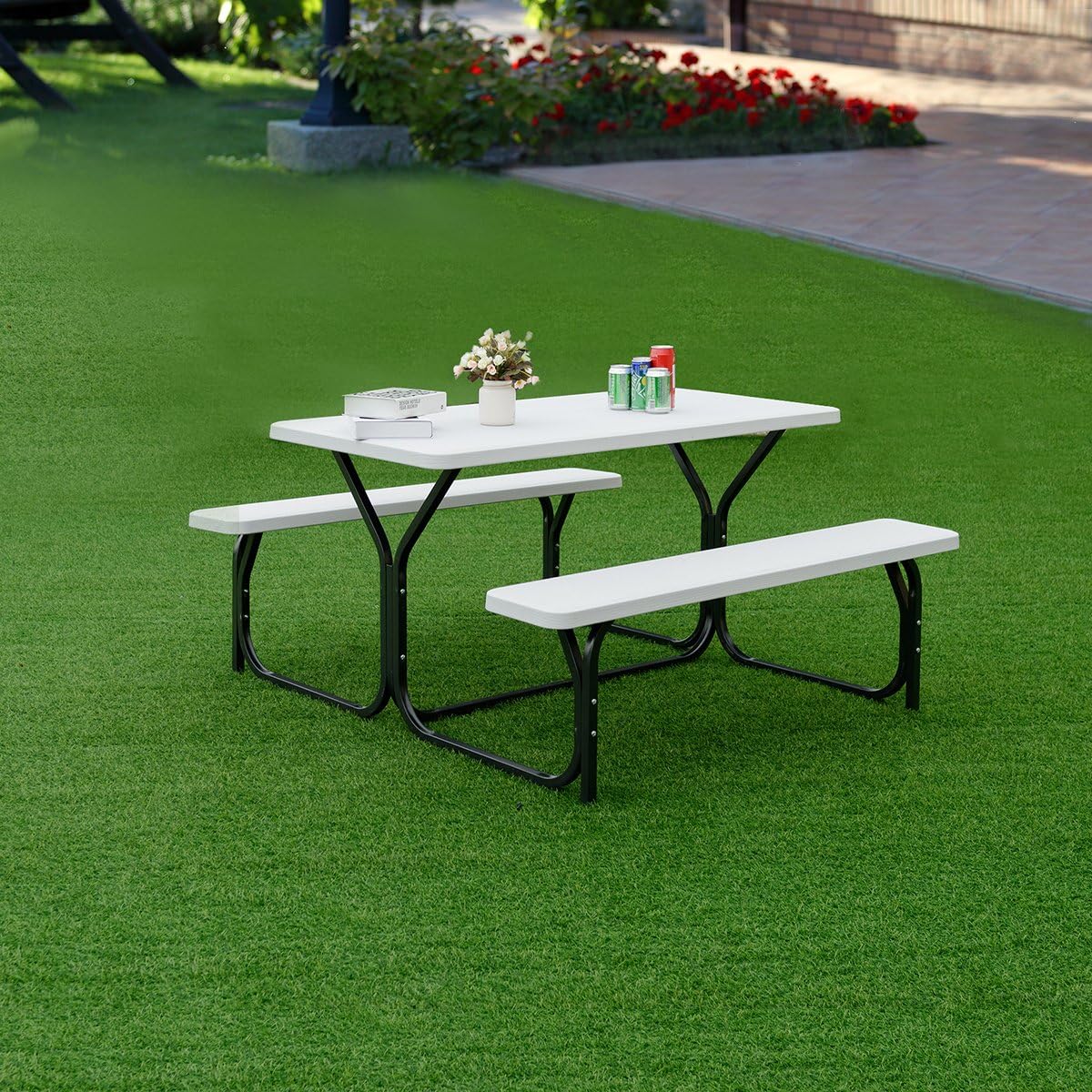 Giantex Picnic Table Bench Set Outdoor Camping All Weather Metal Base Wood-Like Texture Backyard Poolside Dining Party Garden Patio Lawn Deck Large Camping Picnic Tables for Adult (White): Kitchen & Dining