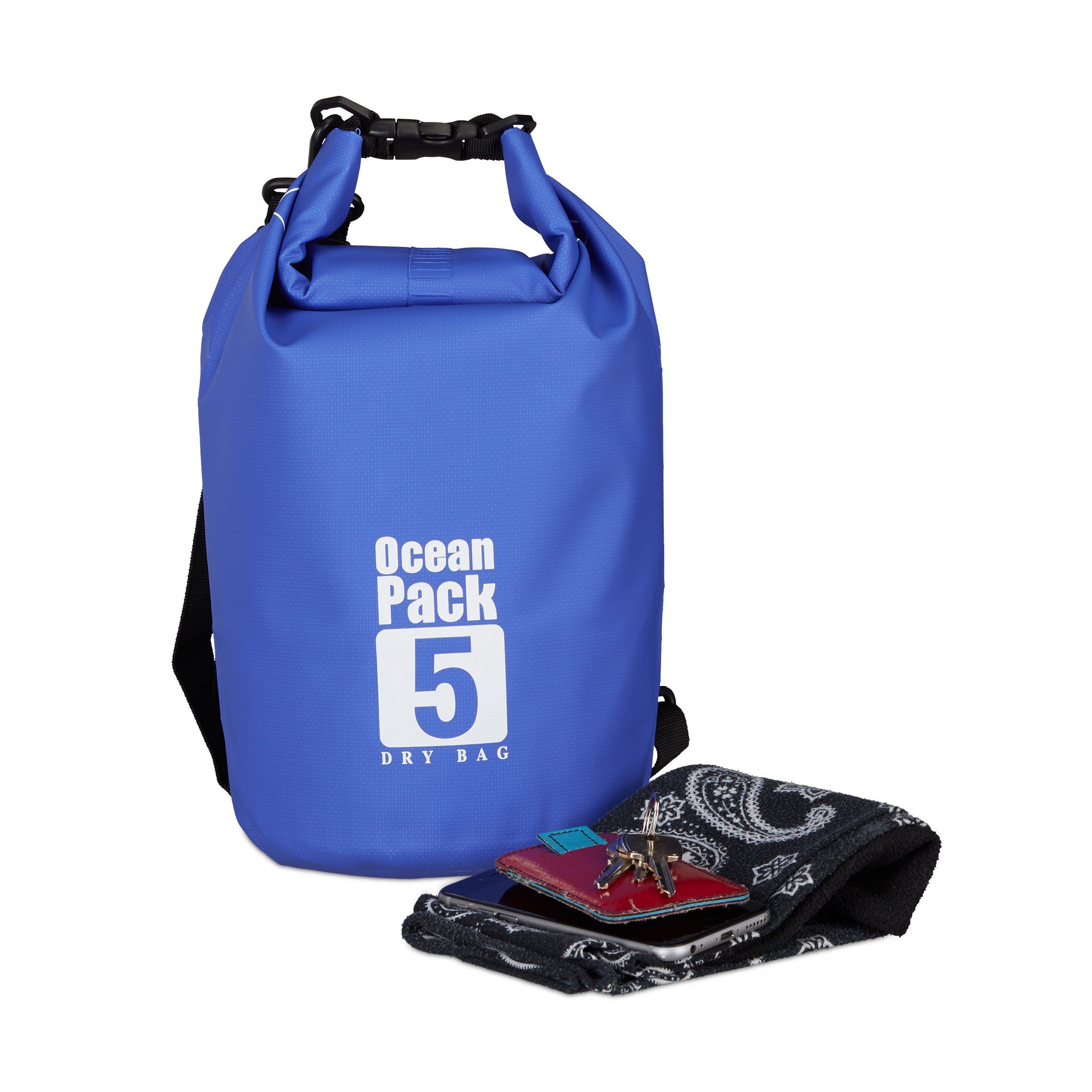 Relaxdays Dry Bag, 5L, Waterproof Ocean Backpack, Ultralight Gear for Kayaks, Boating, Skiing, Sailing; Blue