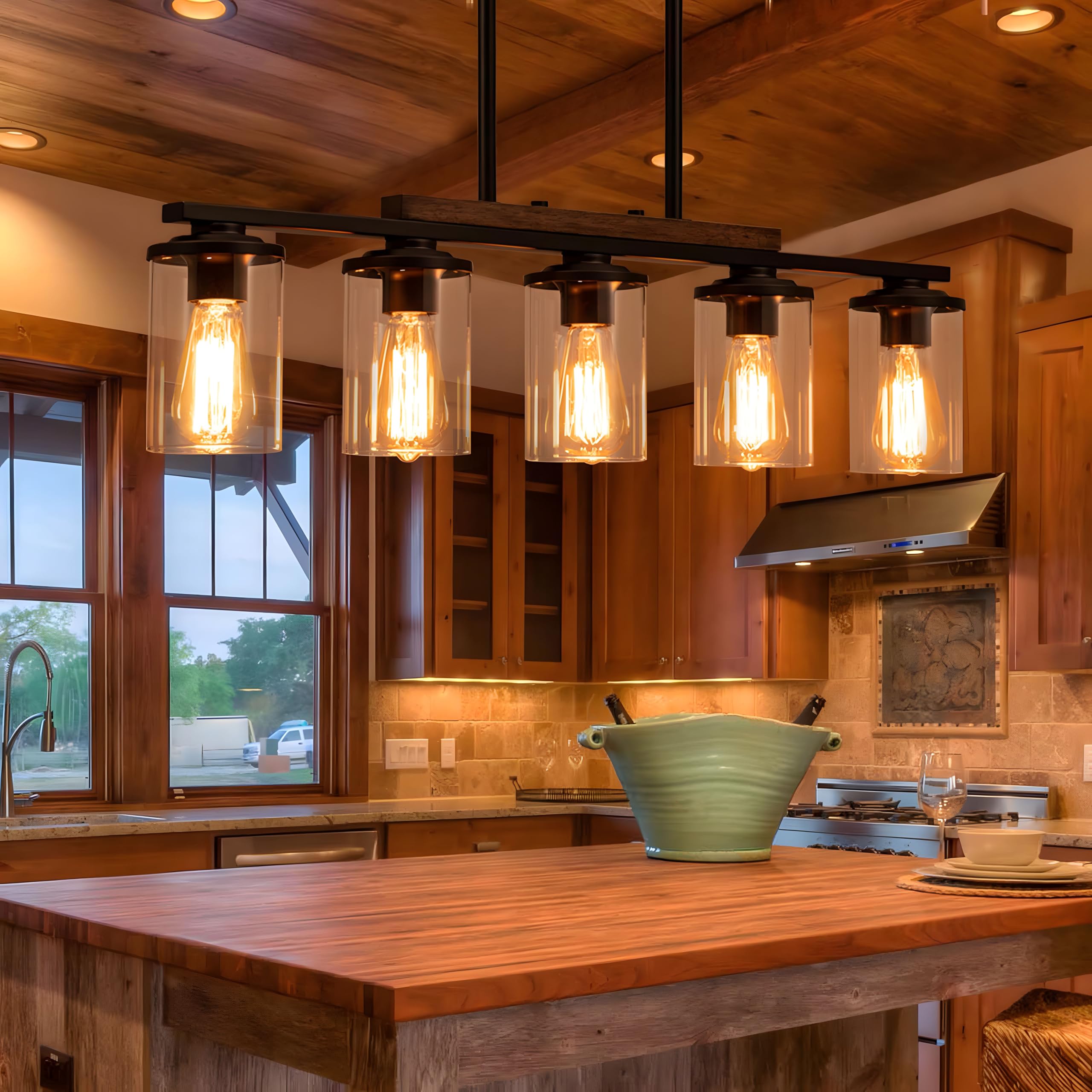 Dining Room Light Fixture/Chandelier Over Table,5-Light Kitchen Island Lighting Hanging For Farmhouse Linear Chandeliers Matte Black Rustic Wood