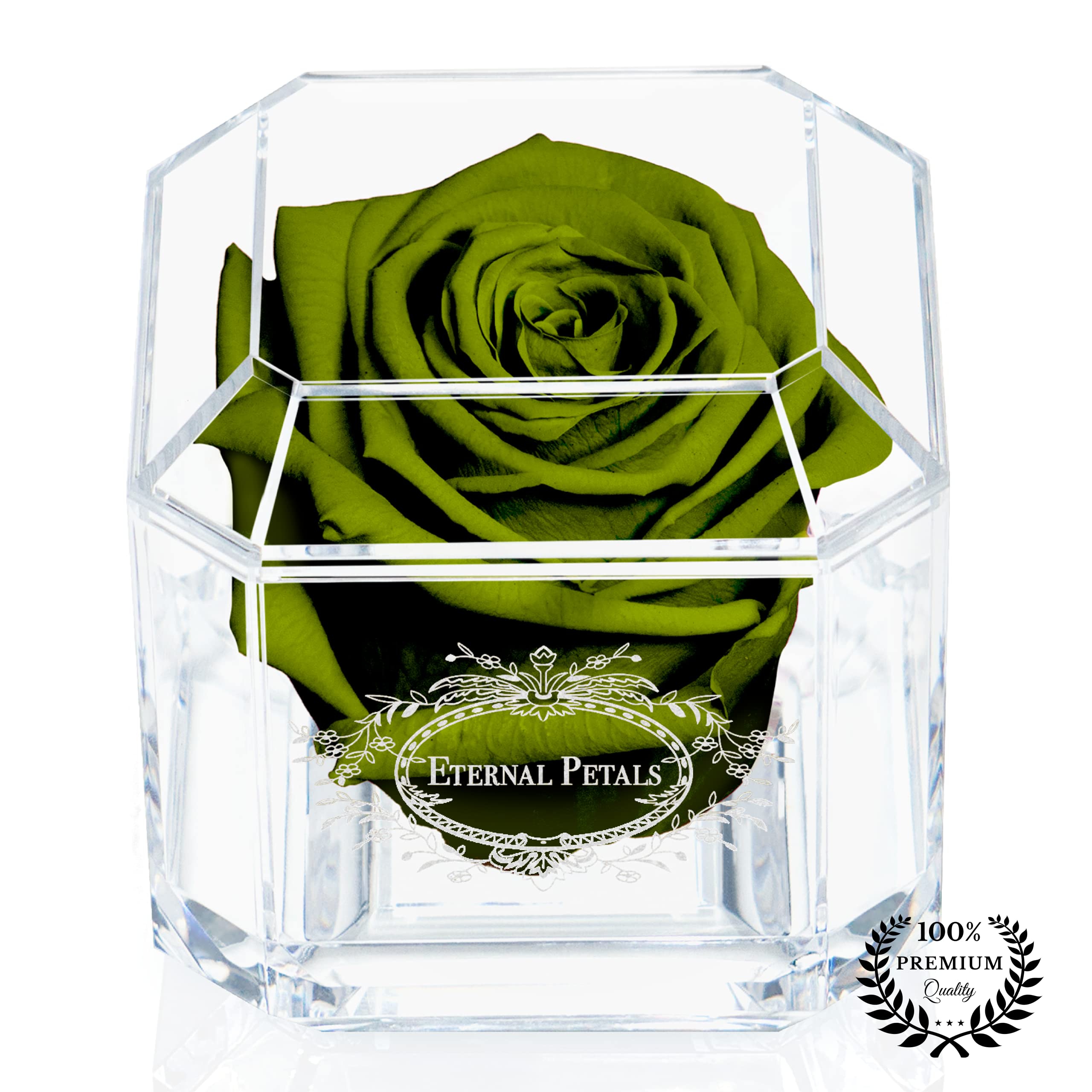 A 100% Real Rose That Lasts Years - Eternal Petals, Handmade in UK – White Gold Solo (Dark Green)