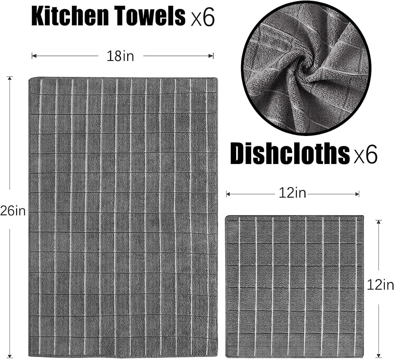 Microfiber Kitchen Towels and Dishcloths Set, 26 X 18 Inch and 12 X 12 Inch, Set of 12 Bulk Lint Free Dish Towels for Drying Dishes, Grey