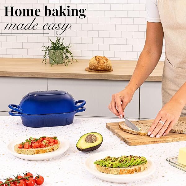 DUTCH OVEN FOR SOURDOUGH BREAD BAKING – ENAMELLED CAST IRON BREAD LOAF POT – OVEN SAFE NON STICK BREAD POT – RECTANGULAR, DARK BLUE, 24CM X 16CM – BY NUOVVA