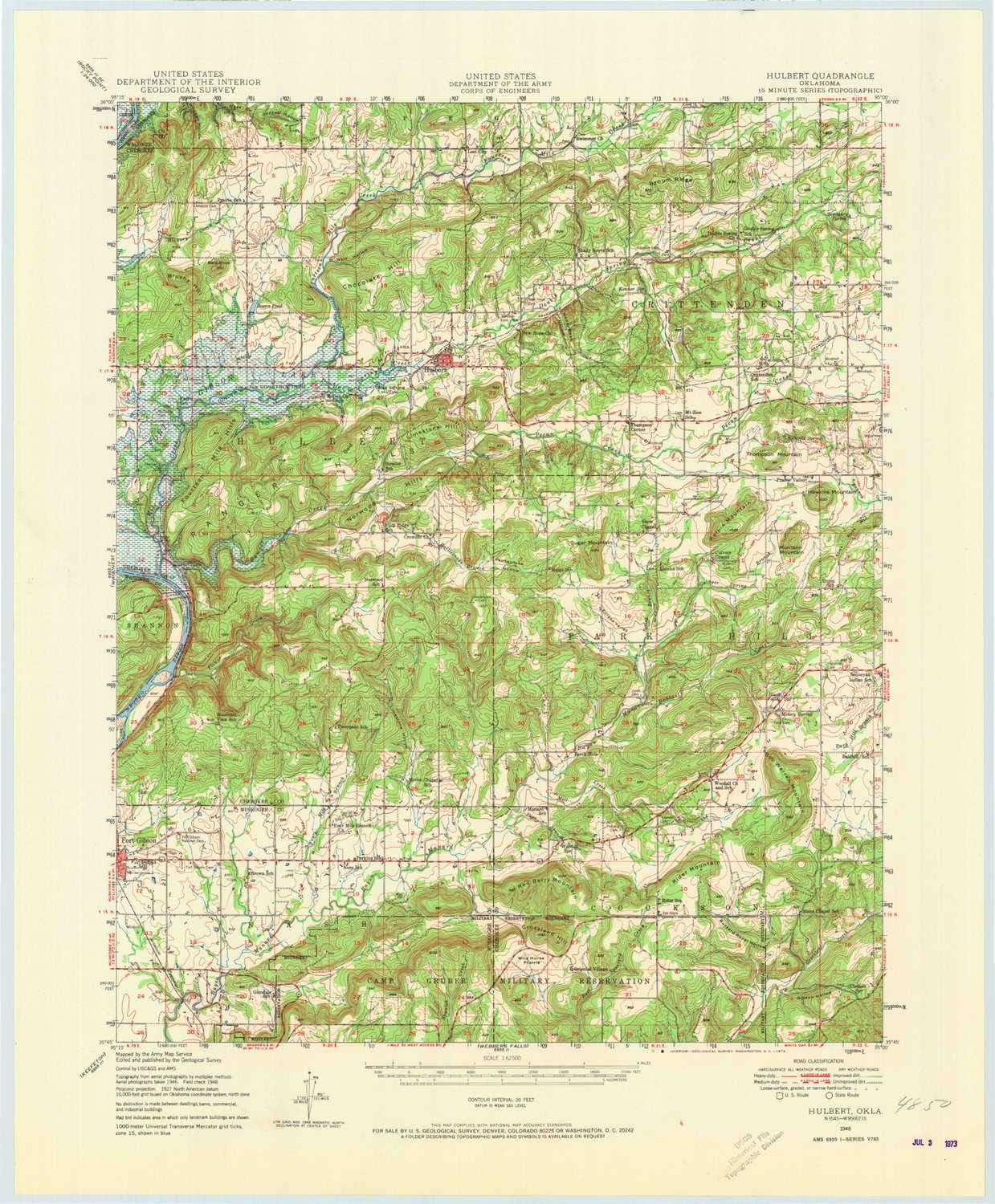 YellowMaps Hulbert OK topo map, 1:62500 Scale, 15 X 15 Minute, Historical, 1948, Updated 1973, 22.4 x 18.5 in