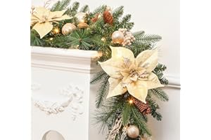 SHareconn 9FT Prelit Christmas Garland Decorations with Multi-Color LED Lights, Battery-Operated Timer, Lighted Garland with Ball Poinsettia for Mantle Table Fireplace Stairs Railing Indoor Decor