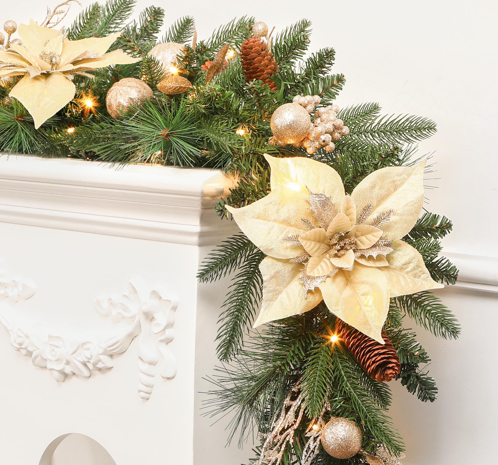 View 1 of SHareconn 9FT Prelit Christmas Garland Decorations with Multi-Color LED Lights, Battery-Operated Timer, Lighted Garland with Ball Poinsettia for Mantle Table Fireplace Stairs Railing Indoor Decor