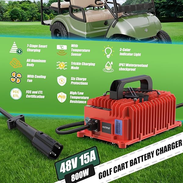 10L0L 15 AMP 48 VOLT GOLF CART BATTERY CHARGER FOR YAMAHA G29 DRIVE & DRIVE 2 WITH 3-PIN LEAF PLUG, IP67 WATERPROOF SMART GOLF CART BATTERY CHARGER – RED