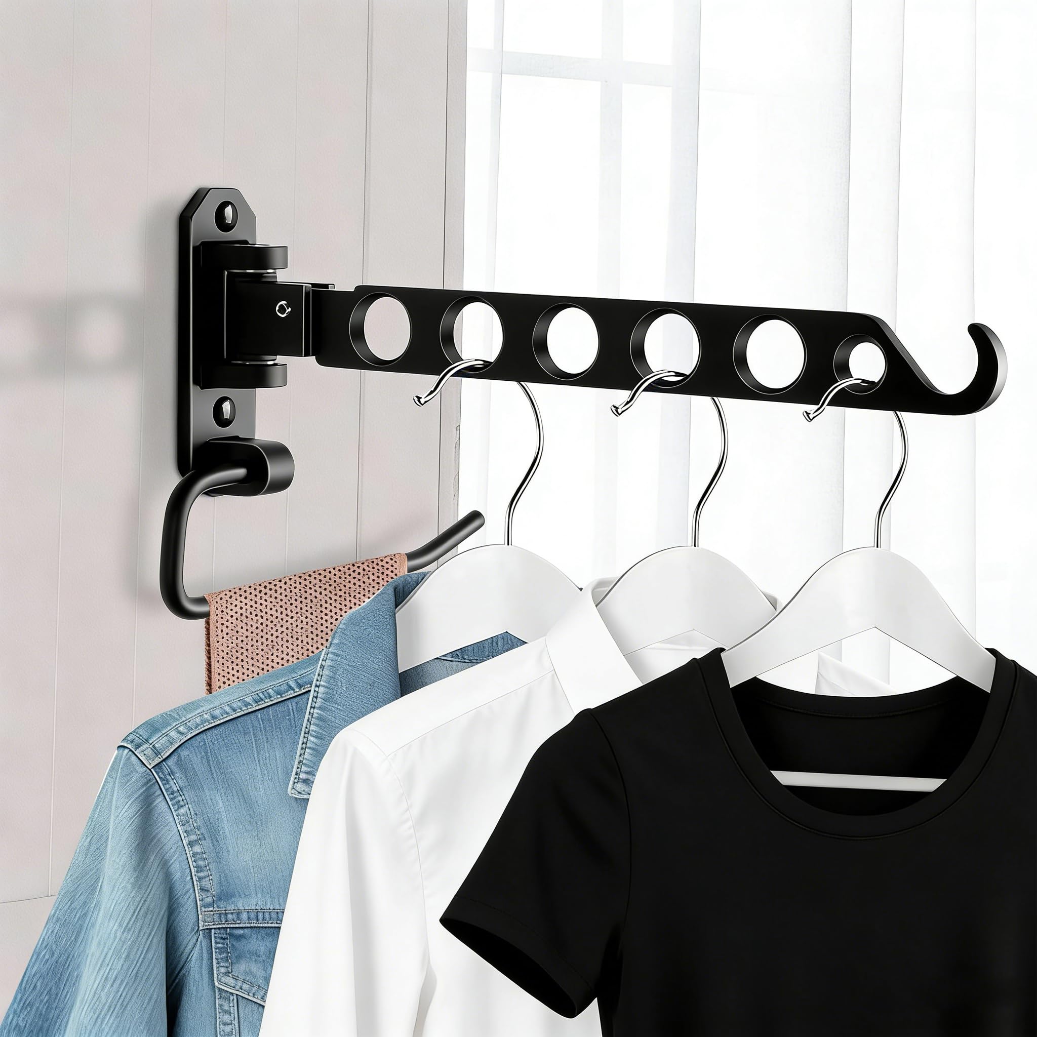 JOLY FANG Foldable Coat Hook, Wall Clothes Rack, Wall Hook, Folding Hook for Balcony, Bathroom, Laundry Room (Black-U, 1 Piece)