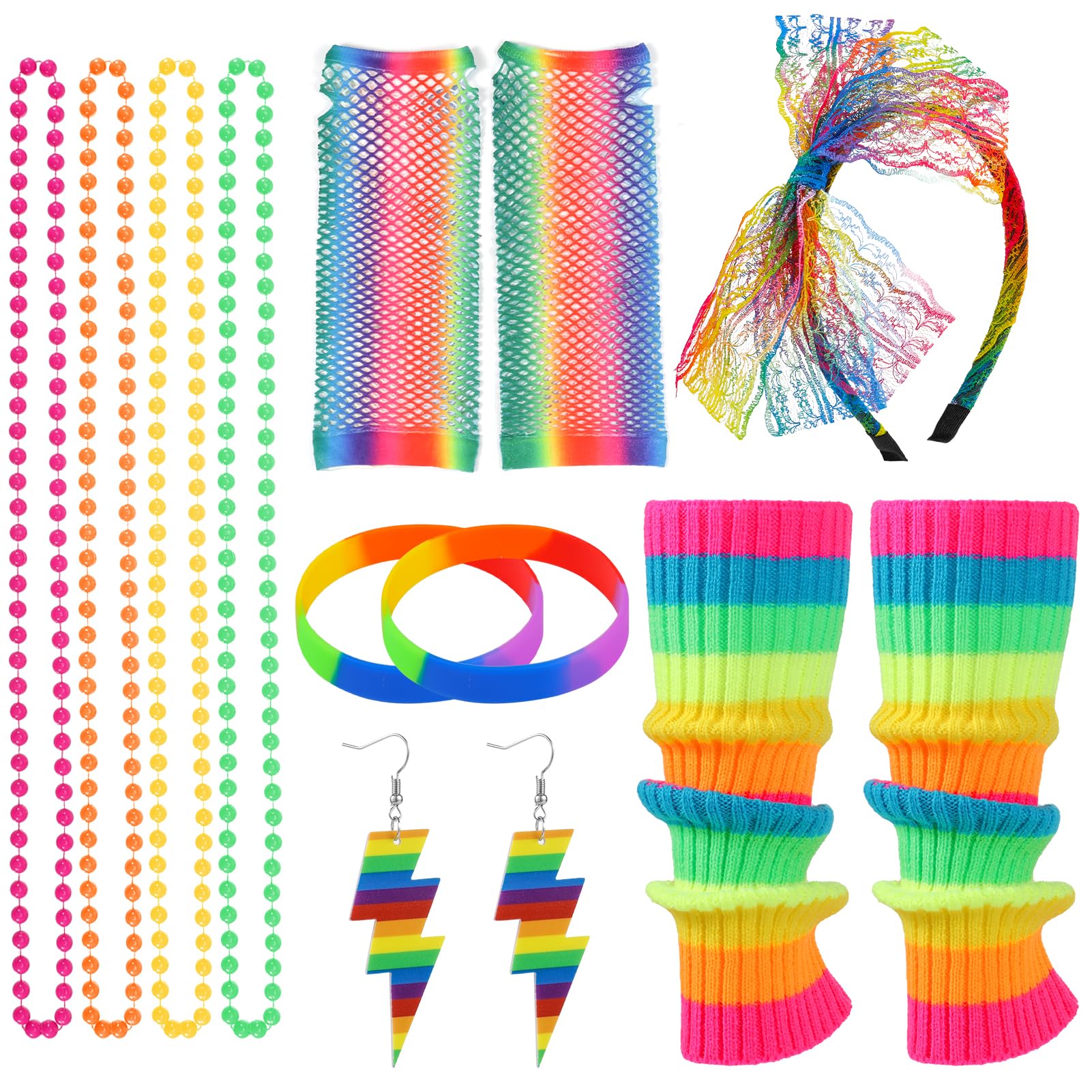 FRIUSATE 80s Fancy Dress Costumes Accessories, 1980s Party Costume Accessories Set Neon Leg Warmers Fishnet Gloves Earrings Bracelet Necklace Headband, Retro Outfit for 80s Party Dress up Day