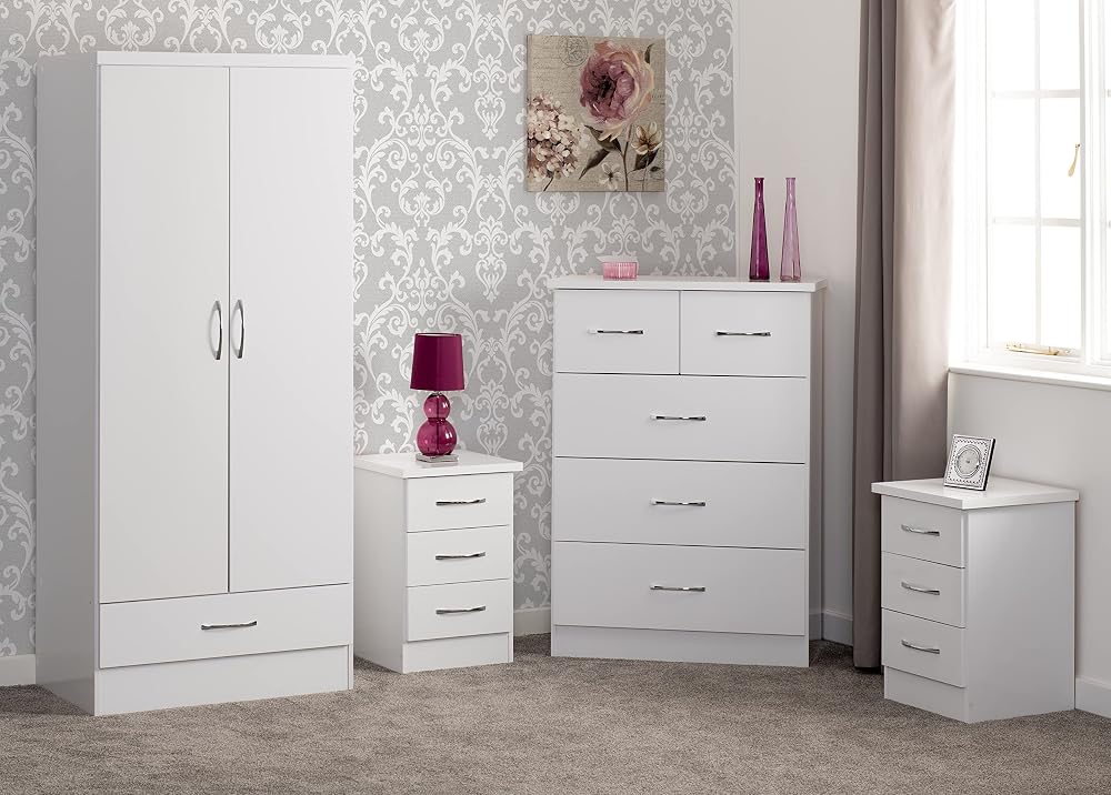 Seconique Nevada 2 Door 1 Drawer Wardrobe Set in White Gloss