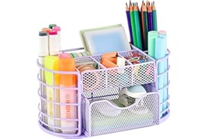 SPACREA Mesh Desk Organizer and Accessories with 8 Compartments + Drawer，Pen Holder for Desktop Storage, Desk Organization for School, Home, Office Supplies, Vanity Table(Purple）
