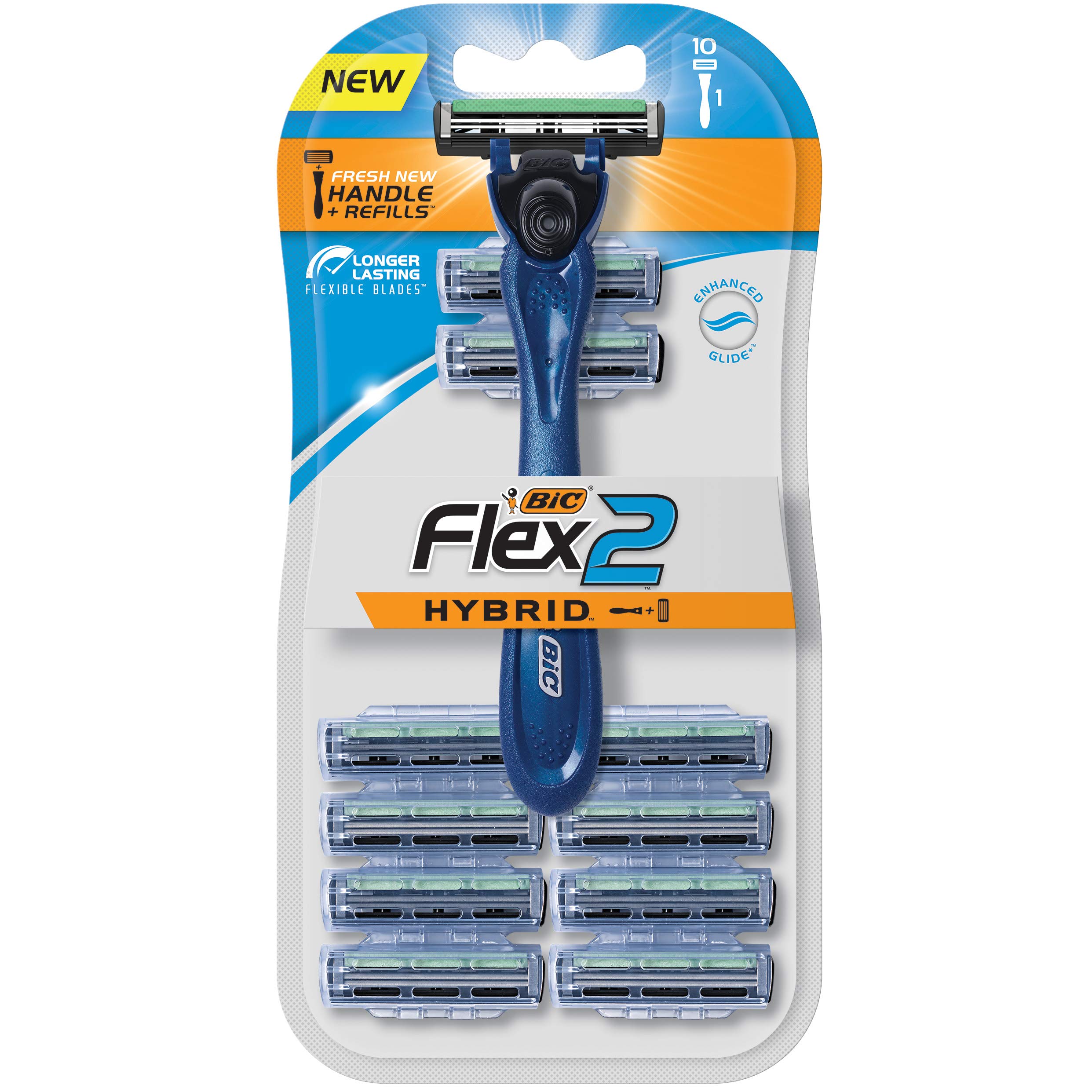 BIC Flex 2 Hybrid Men's Twin Blade Razor, One Handle 10 Cartridges