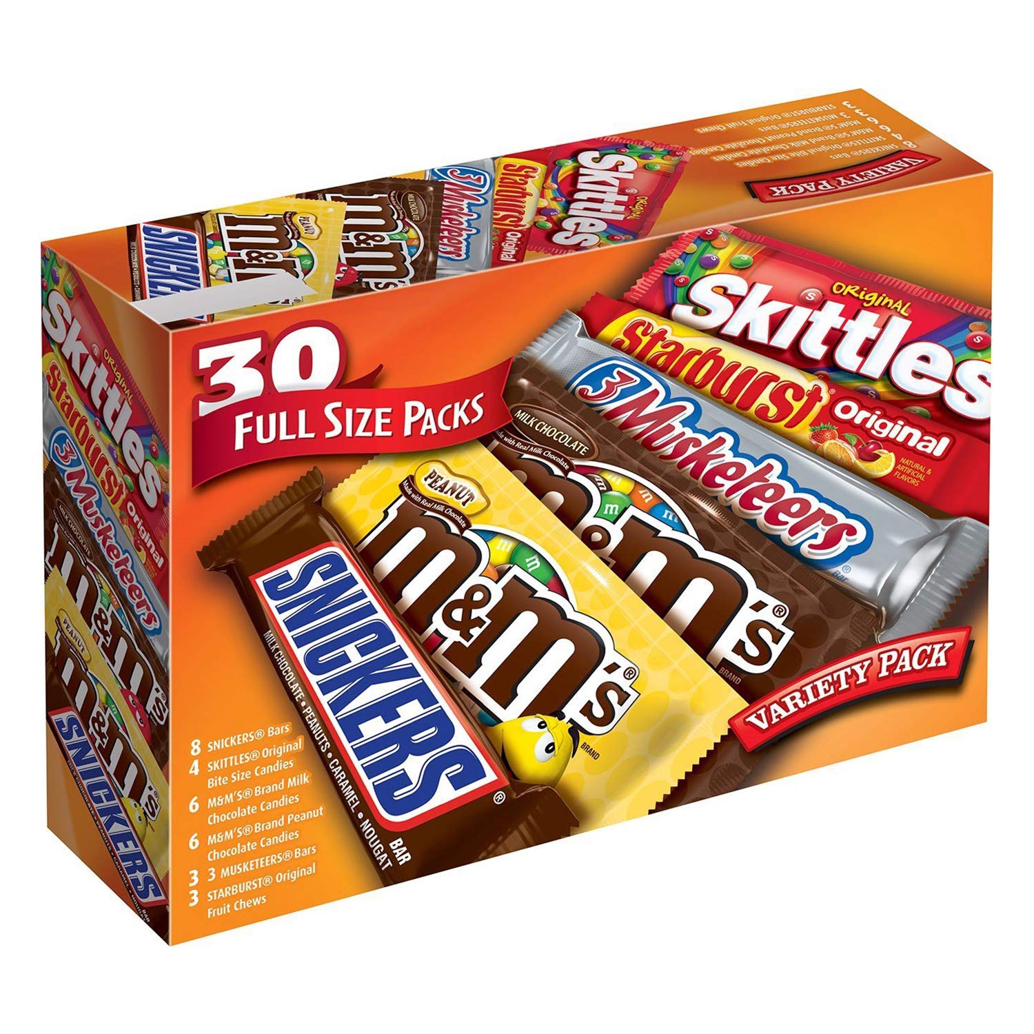 Photo 1 of ****BB 11/2025***M&M'S, SNICKERS, SKITTLES, STARBURST & 3 MUSKETEERS Full Size Candy Bars Assorted Variety Box , 56.11 oz 30 Pieces