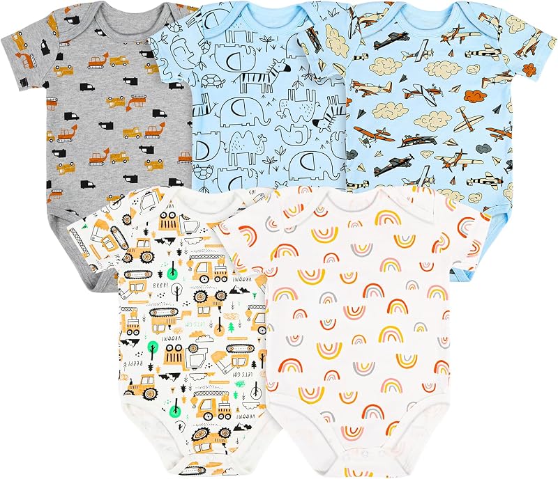 Set di 5 Body Neonato e Neonata, Body a Maniche Corte in 100% Cotone, con Comoda Apertura, Unisex 3-6 Mesi, Idee Regalo Nascita (B)