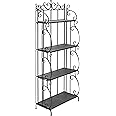 MyGift Black Metal Freestanding Shelf Rack, Decorative Bakers Rack Bookshelf Storage Shelf Unit with Metal Scrollwork Frame, Indoor Plant Pot Display Stand with 4 Wood Shelves