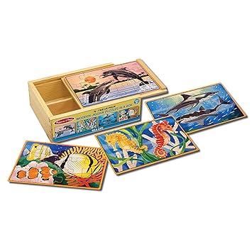Melissa & Doug Sea Life Jigsaw Puzzles in a Box (Four Wooden Puzzles, Beautiful Artwork, Sturdy Wooden Storage Box, 48 Pieces, 8 H x 6 W x 2.5 L)