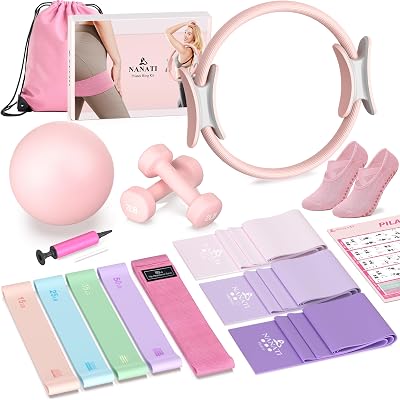 NANATI Pilates Kit 17PCS,Pilates Essential Kit for Women, Pilates Equipment with 14.5" Pilates Ring and Ball,8 Resistance Bands,Dumbbells & Grip Socks Accessories, Home Pilates Workout Kit for Starter
