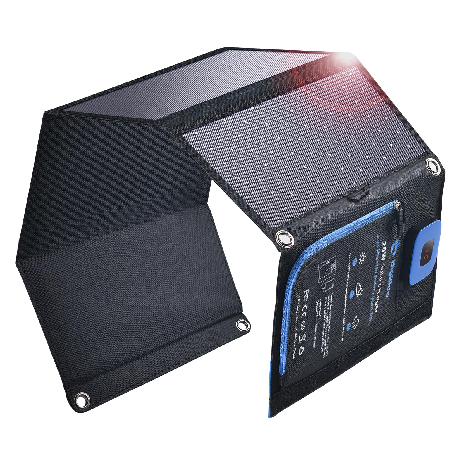 BigBlue 28W Solar Charger Foldable with Digital Ammeter, Outdoor Solar Powered Charger with IP44 Solar Panels USB-A & USB-C Ports (5V/4A Overall) for iPhone iPad Samsung Galaxy LG and Devices