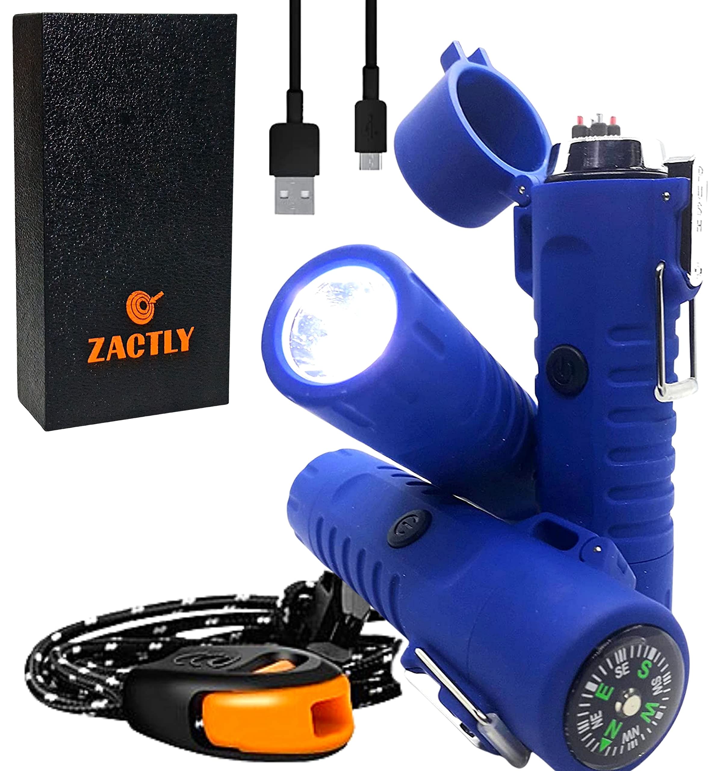 Zactly MODEL AL02 Electric Dual Arc USB Lighter Multifunction Waterproof Windproof Dustproof Rechargeable with Led Flashlight & Emergency Whistle, Camping & Outdoor Survival Tactical Tool (BLUE)