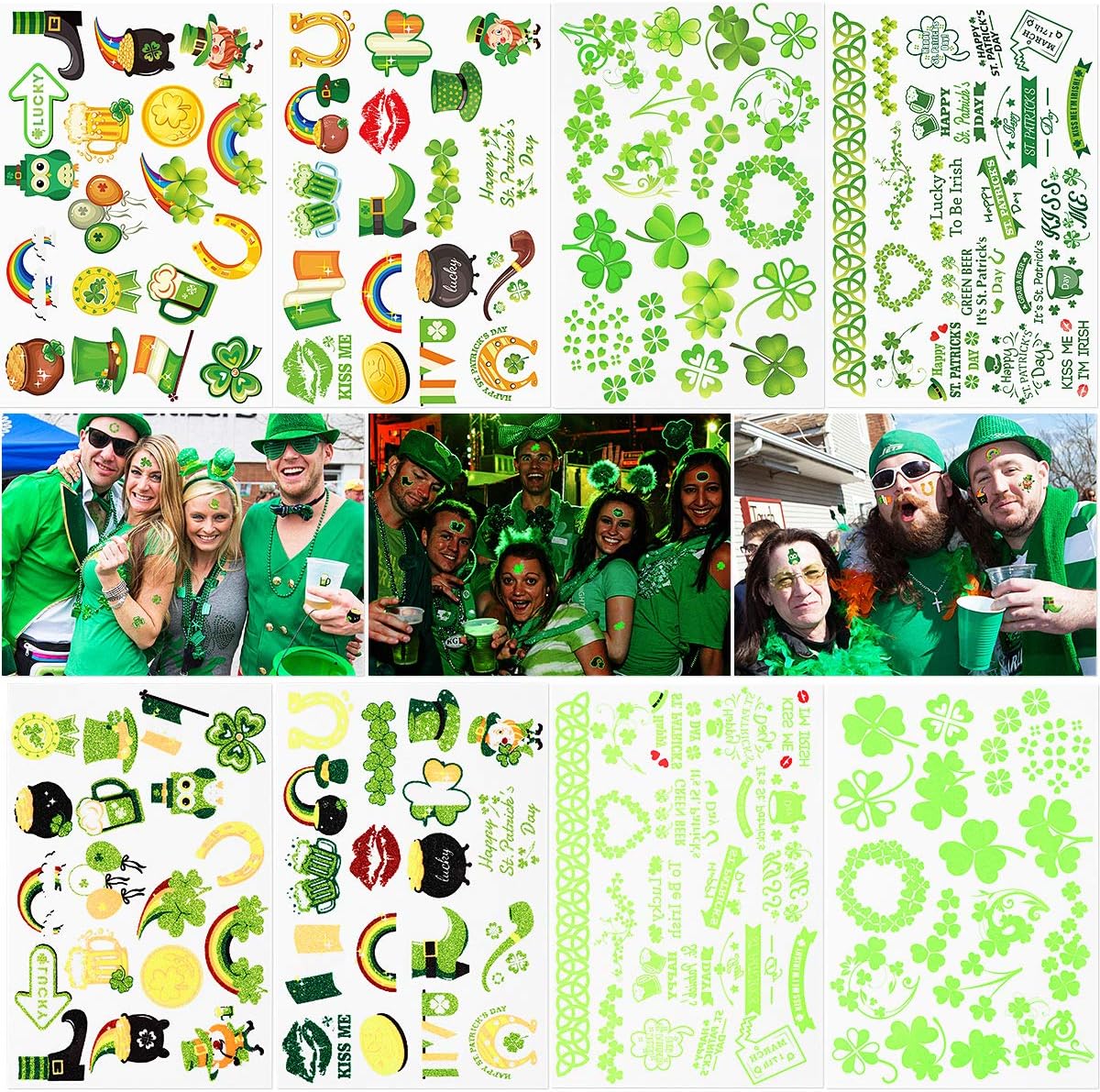 Unomor Shamrock Tattoos for St. Patrick's Day Accessories Costume 8 Sheets, Over 140 Tattoos with Shamrock, Irish Flag, Luck to Be Irish, Glitter Tattoos, Glow in The Dark Tattoos