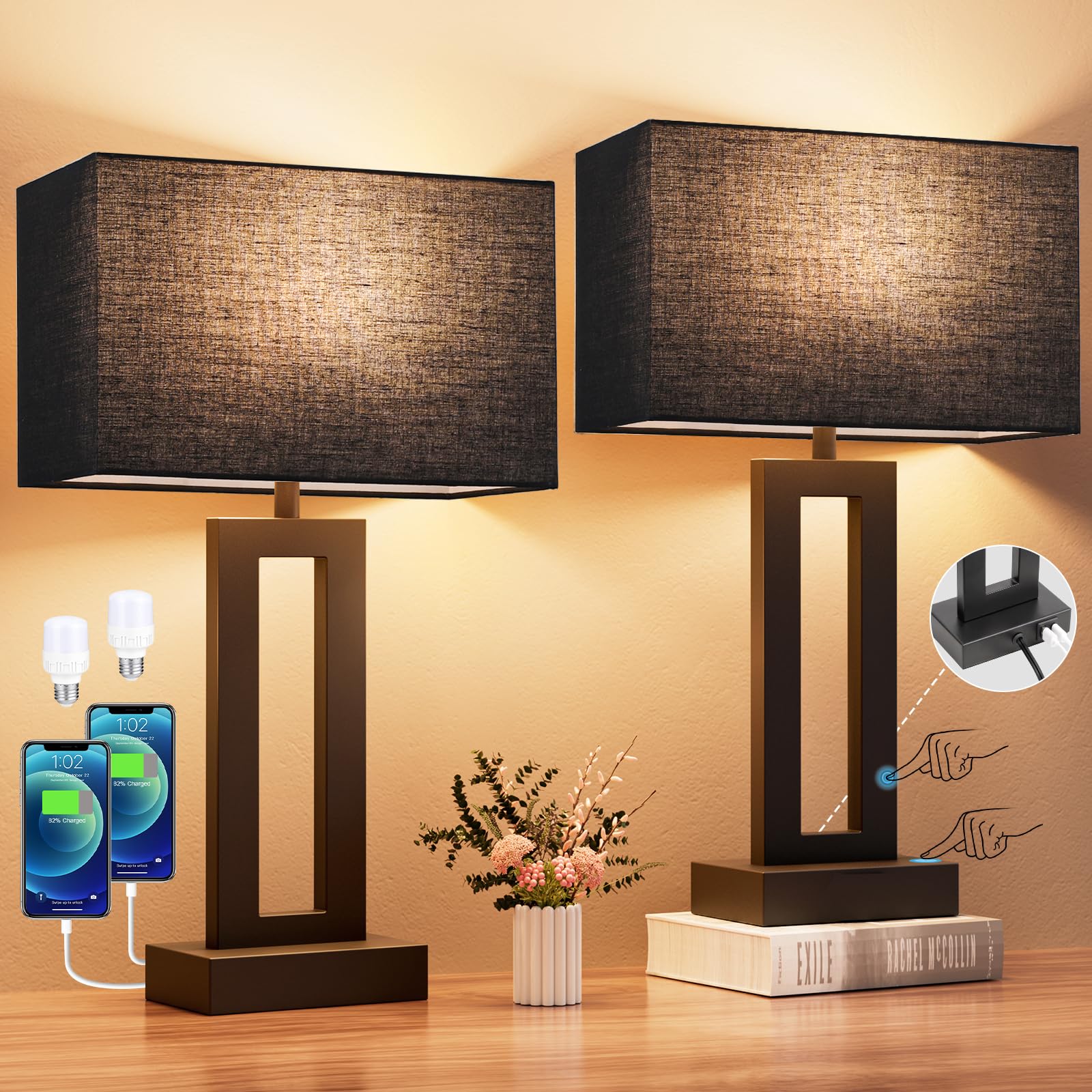 Photo 1 of Seealle Nightstand Table Lamps for Bedrooms Set of 2 - Touch Bedside Lamp with USB C+A, 3 Way Dimmable Living Room End Tables 2, Modern Night Stand Bed Side Guest Room(Black) E. Black