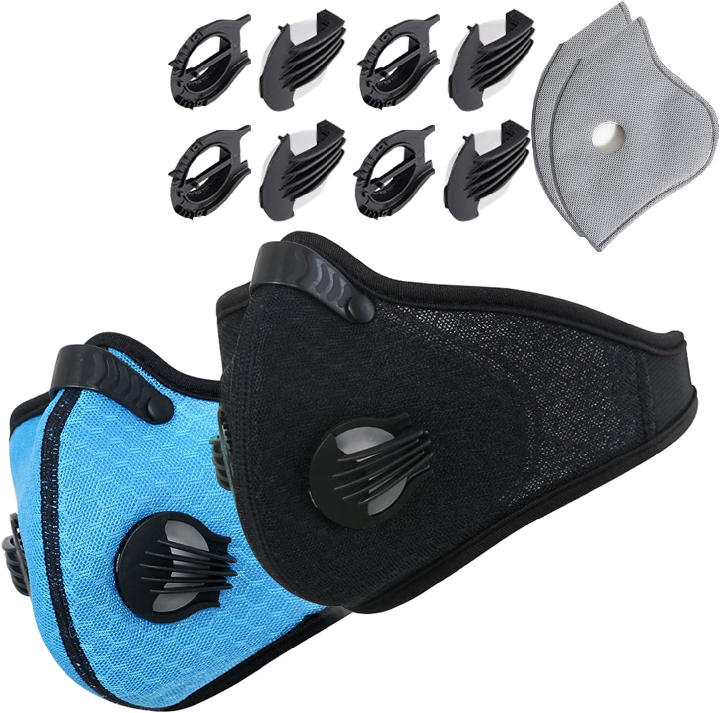 Dustproof Masks - 2 Pack Activated Carbon Dust Mask with Extra Filter Cotton Sheet and Valves for Exhaust Gas, Pollen Allergy, PM2.5, Running, Cycling, Outdoor Activities (Black and Blue)