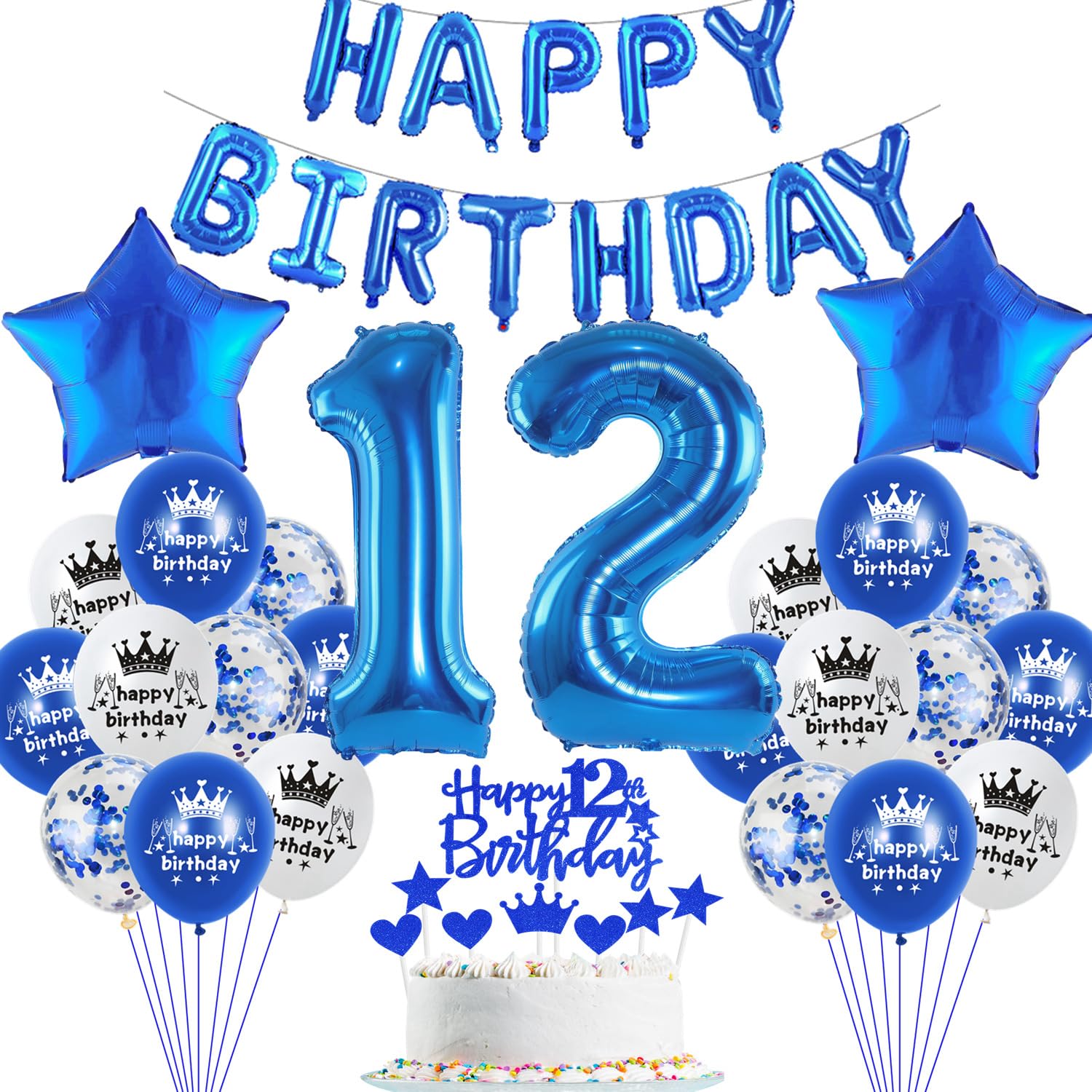 Haosell 12th Birthday Decoration Blue Boys Balloon Set, Birthday Decoration Boys Blue 12 Years, Children's Birthday Decoration Blue 12 Years for Girls Happy Birthday Garland Banner