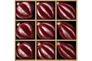 DN DECONATION Burgundy Red Glass Christmas Ornaments, Flocked Velvet Hanging Ball Ornament with Assorted Sizes & Designs, Matte Glass Ornament for Vintage Xmas Tree Home Party Decor (9PCS)