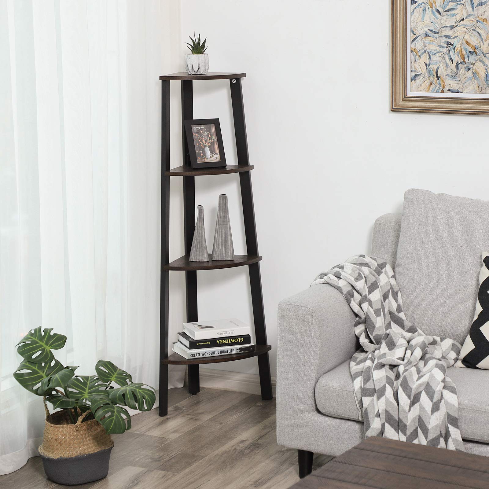 VASAGLE Industrial Corner Rack, 4Tier Ladder Shaped Bookcase For Home