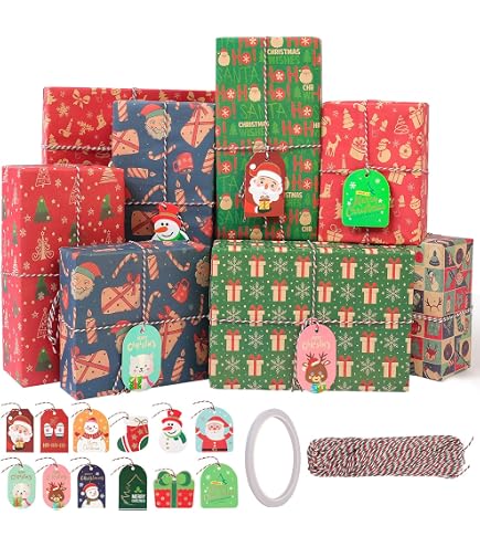 Konsait 12Pack Folded Large Sheets Of Christmas Wrapping Paper Traditional Gift Wrap Christmas Decoration Xmas Festive Designs Kids Snowman Santa Christmas Tree Snowflake Reindeer 74 X 51cm