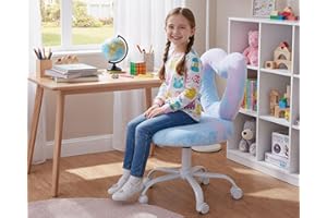 HNY Kids Desk Chair with Wheels, Cute Furry Vanity Chair with Hollowed Heart-Shape Back Adjustable Rolling Computer Study Task Chair for Girls, Fluffy Faux Fur Kids Swivel Chair for Bedroom, Dreamy Blue