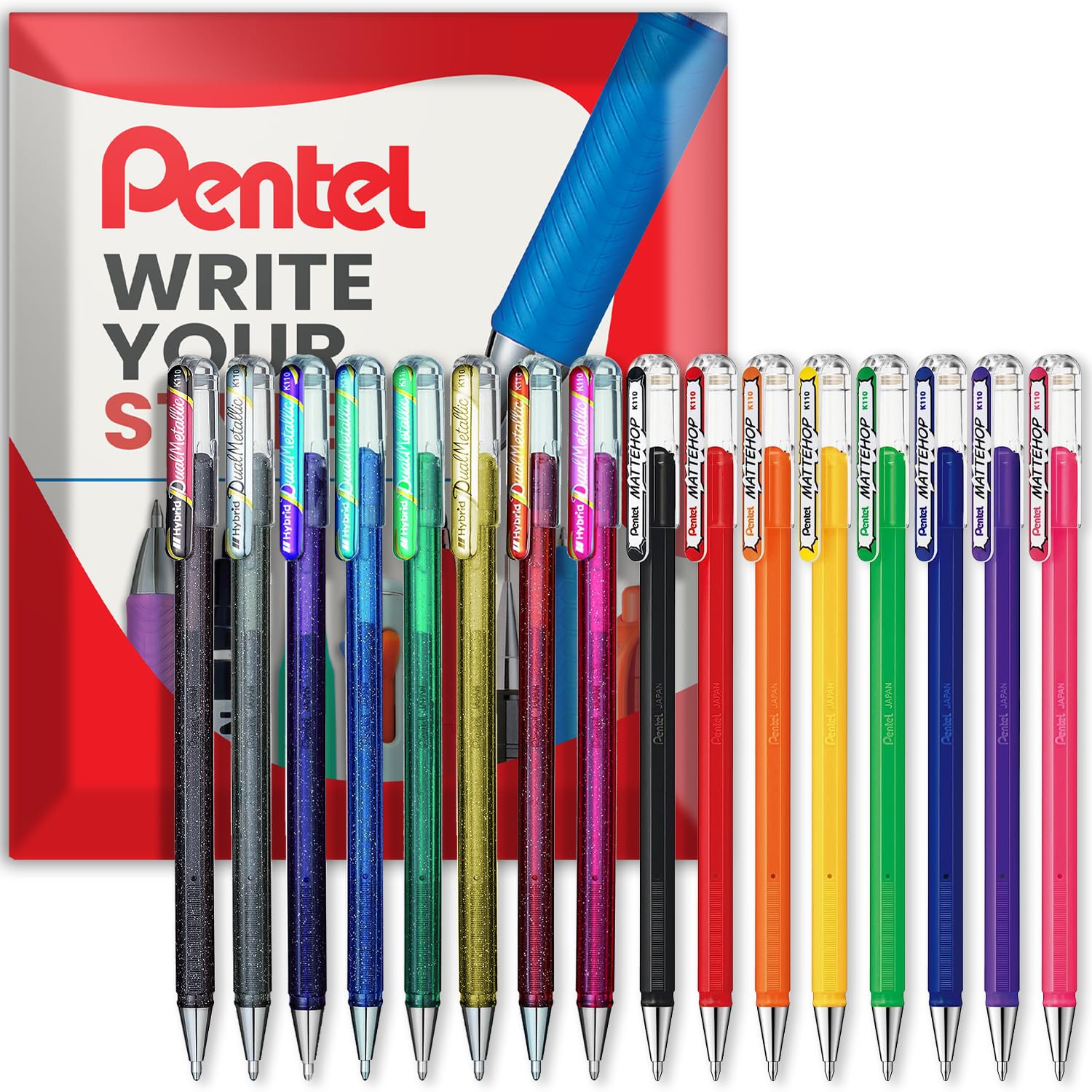 Pentel Hybrid - Dual Metallic/Mattehop - Liquid Gel Rollerball Pens - K110-1.0mm Nib - Pack of 16 Colours - In Envelope Gift Packaging