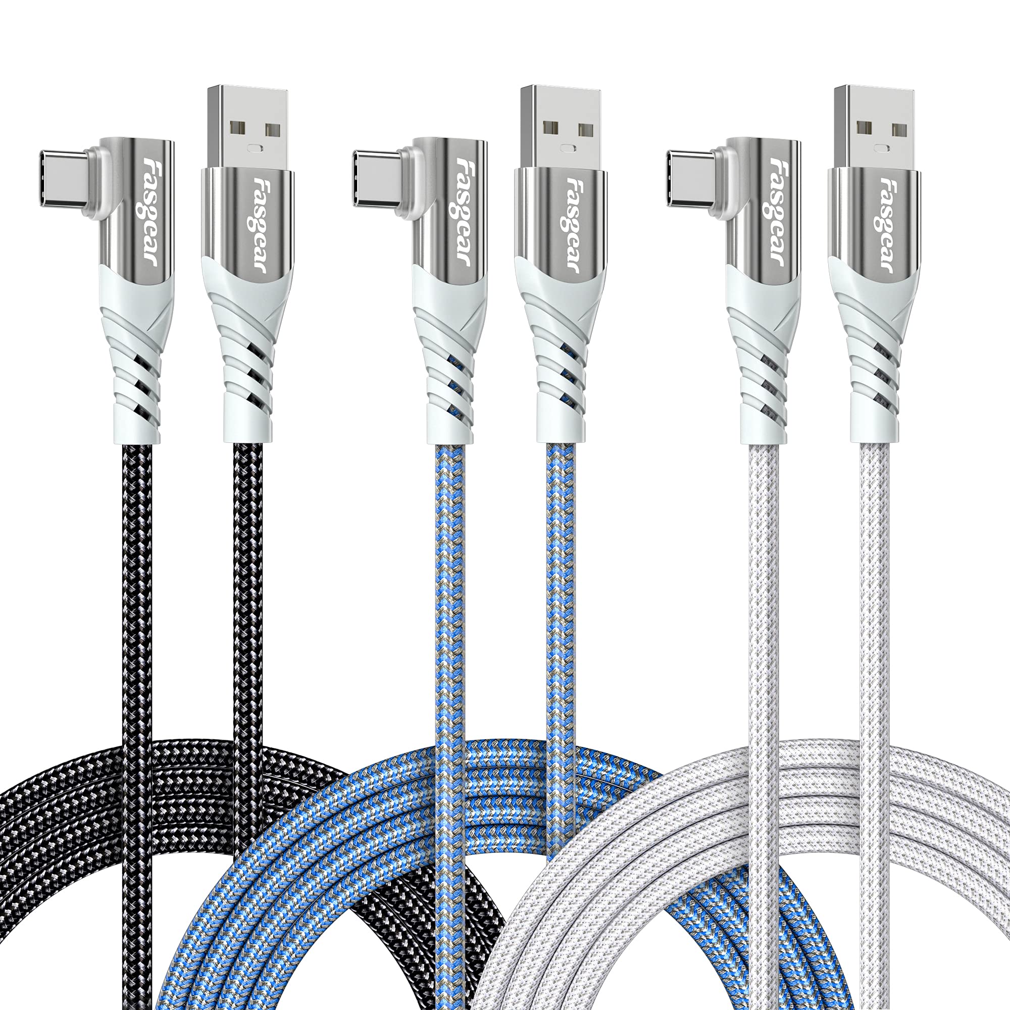 Fasgear USB C 90 Degree Cable: Right Angle Type C Fast Charging Cord Lead Compatible with Sam-sung Galaxy S24 S10 plus S9 S8 A51 | Hua-wei P30 P20 (6ft, Black/Blue/White)