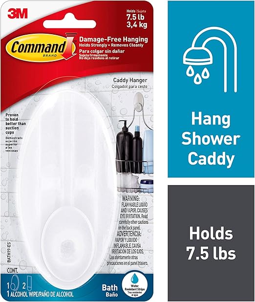 Command Shower Caddy Hanger with Water Resistant Strips, Medium, Frosted, 1 Hook 2 Strips 1