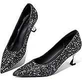 QXQDQY Women’s Kitten High Heels 2 Inch Sequined Pointed Toe Pumps Comfortable Wedding Party Pump Shoes